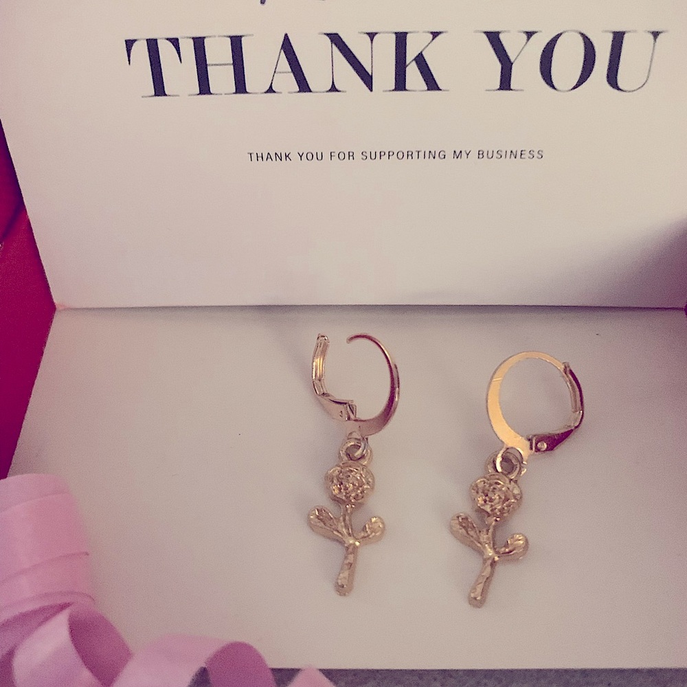NEW Dainty Gold Rose Charm Dangle Hoop Earrings Small Minimalist NWT